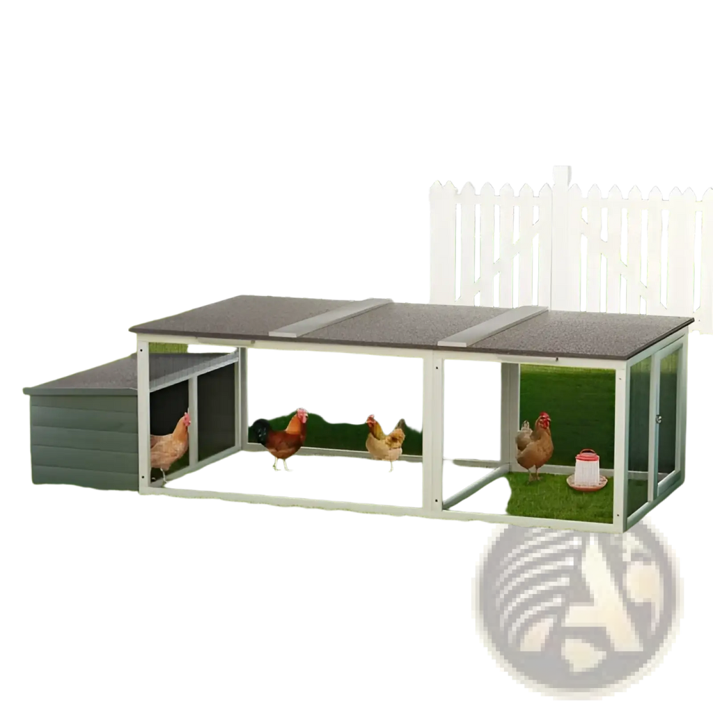 Gray plastic and wire chicken coop with slanted roof and multiple compartments in a walk-in wooden hen house
