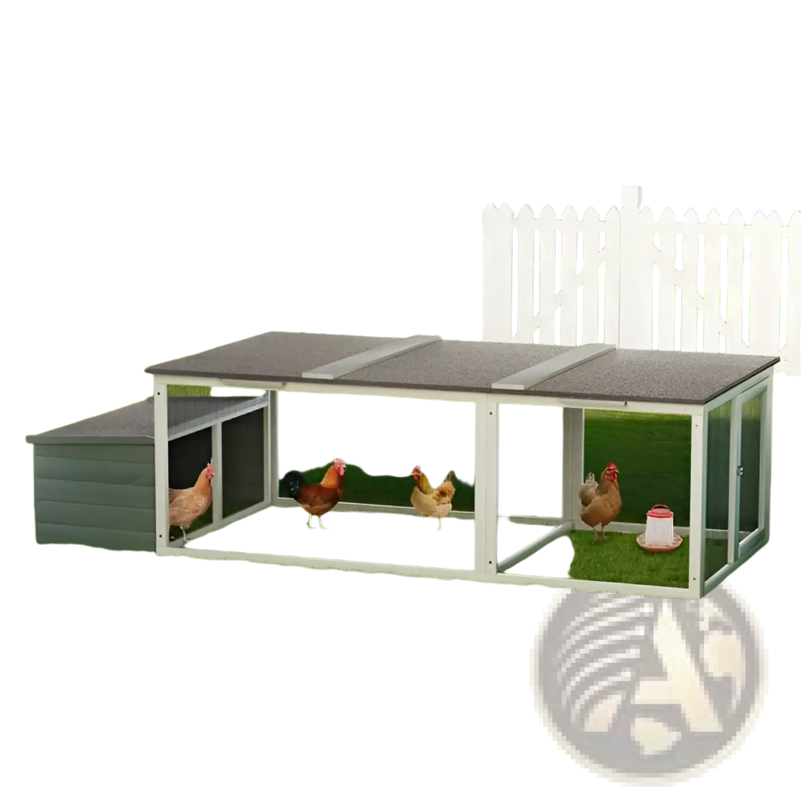 Gray plastic and wire chicken coop with slanted roof and multiple compartments in a walk-in wooden hen house