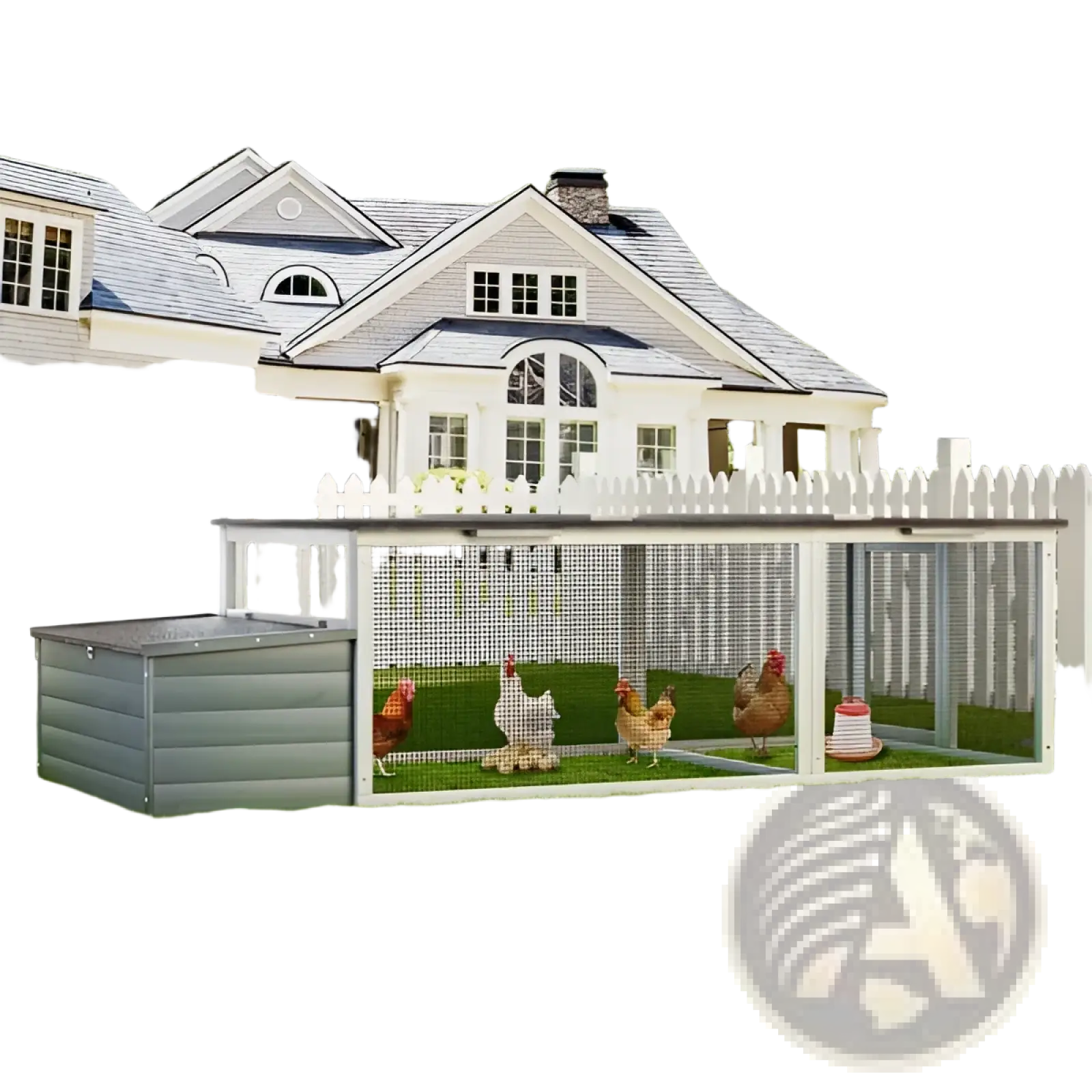 Gray plastic walk-in chicken coop with wire mesh sides and slanted roof featuring multiple compartments for hens