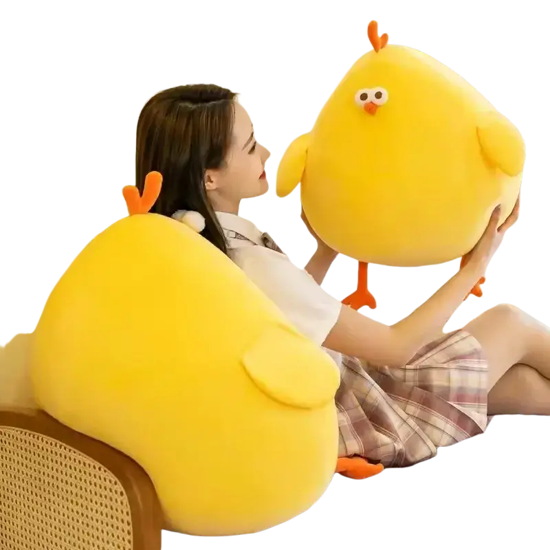 Bright yellow plush stuffed chicken pillow with orange beak and feet soft fabric body made in mainland china stuffed animal