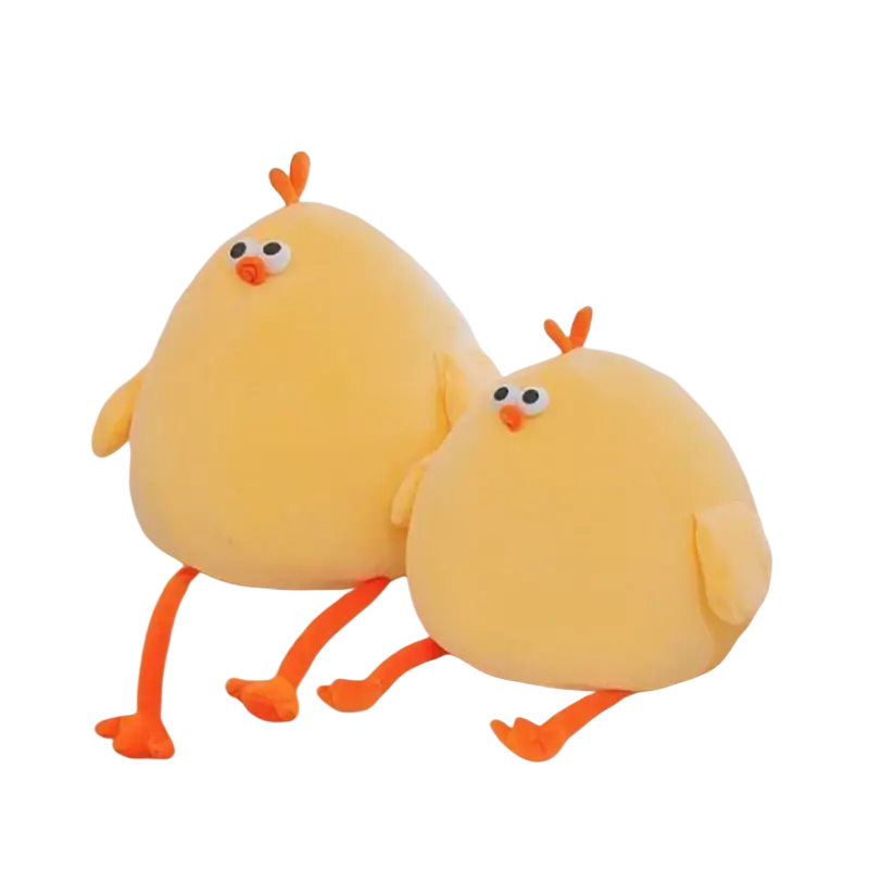 Cute yellow plush stuffed chicken plush with orange beaks and legs made in mainland China sitting side by side on a couch