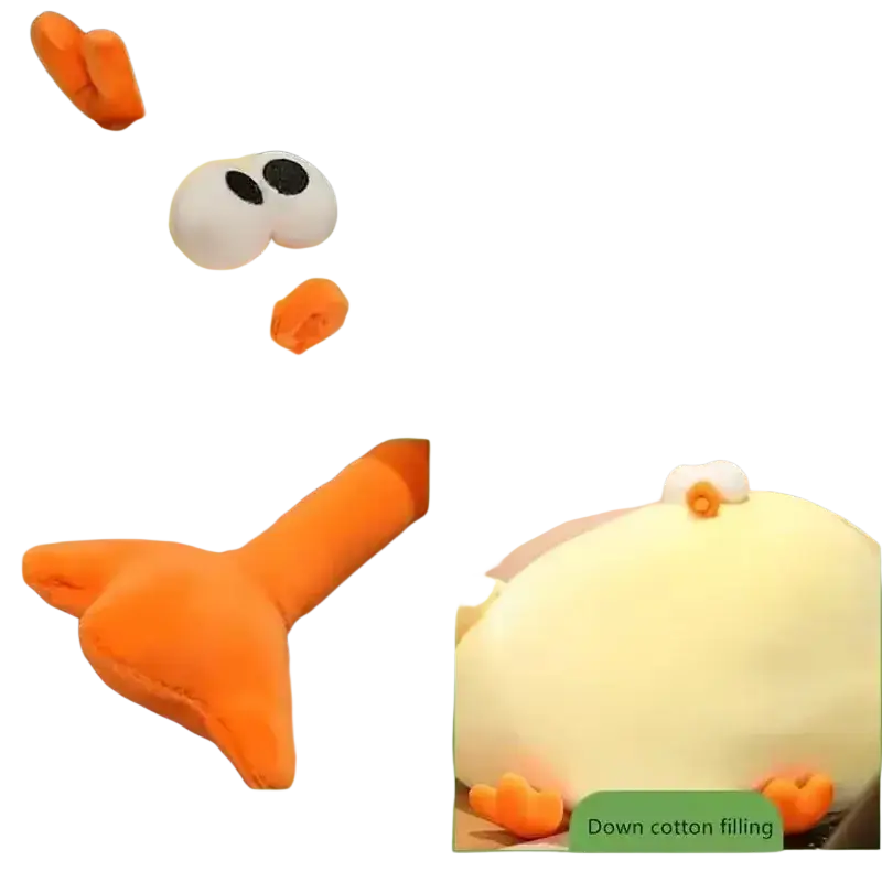 A soft pale yellow plush stuffed chicken with orange feet and beak and a cute funny face made in mainland china