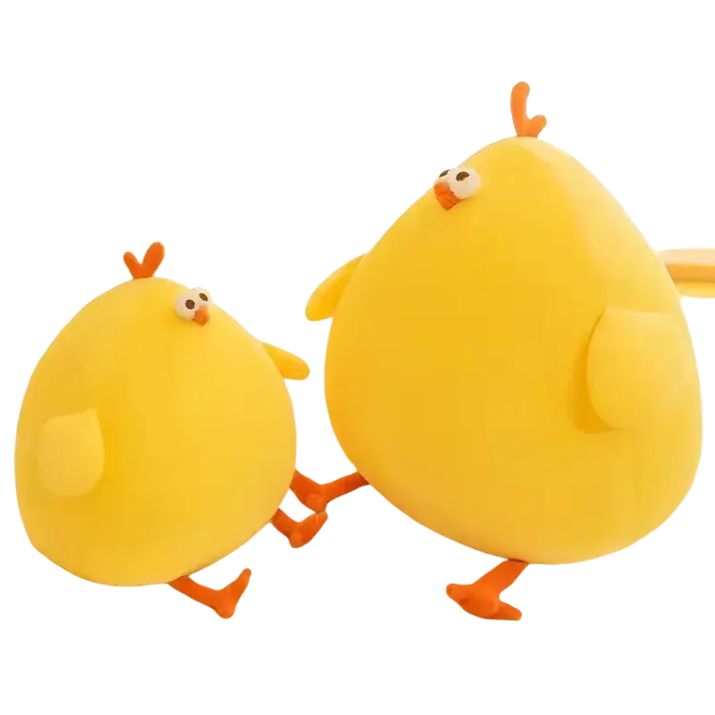 Two plush stuffed yellow chicken plush toys with orange beaks and feet made in mainland china soft animal toy