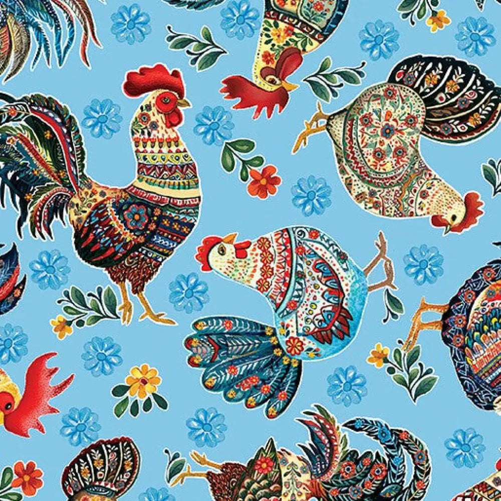 Vintage 1950s cotton a-line dress with pockets featuring vibrant roosters in bold reds blues and golds on light blue background