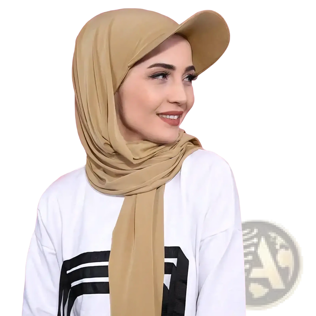 Beige chiffon baseball cap hijab instant shawl with matching cap made of soft fabric for comfortable wear