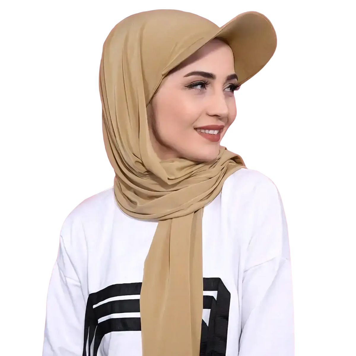 Beige chiffon baseball cap hijab with a structured cap design for instant shawl wear in a modest style