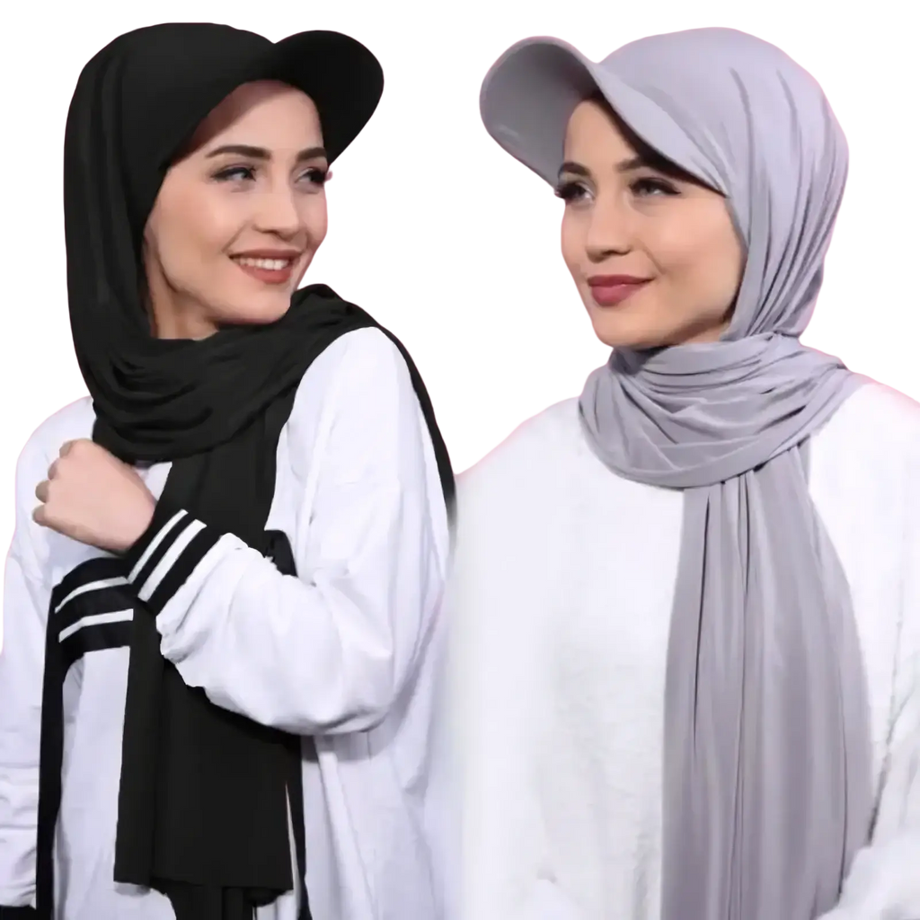 Black and gray chiffon baseball cap hijabs with soft flowing fabric draped over head and shoulders as instant shawls