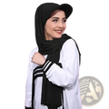 Black chiffon baseball cap hijab instant shawl with soft drape and subtle sheen worn over white jacket with black stripes