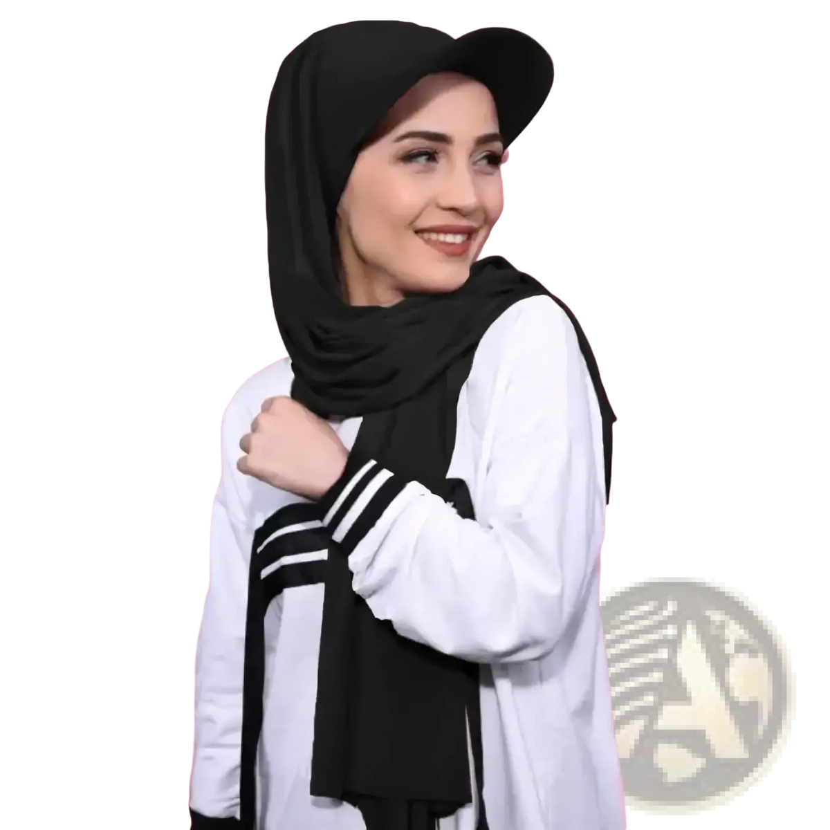 Black chiffon baseball cap hijab instant shawl with soft drape and subtle sheen worn over white jacket with black stripes