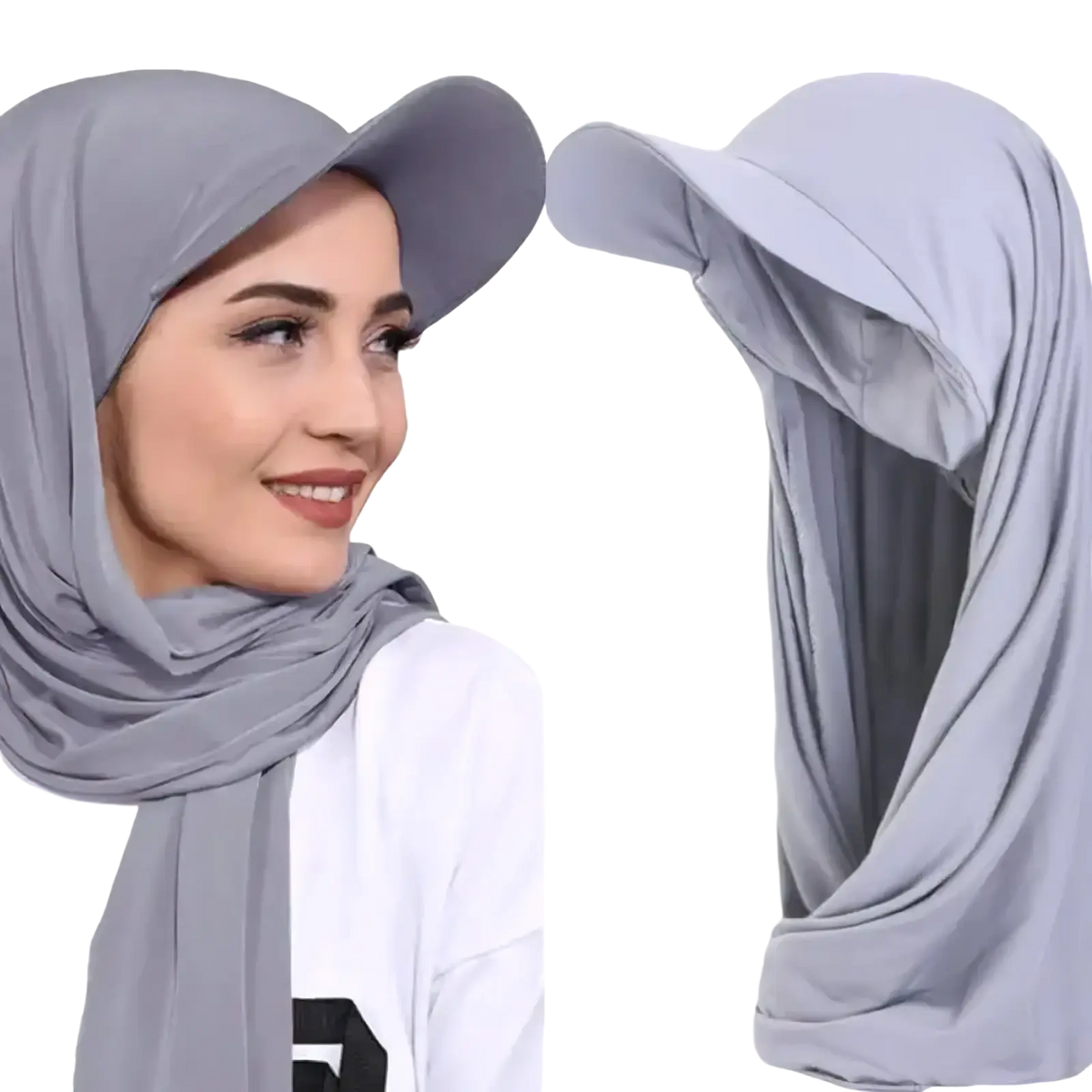 Gray chiffon baseball cap hijab instant shawl with stretchy fabric and a structured brim for comfortable wear