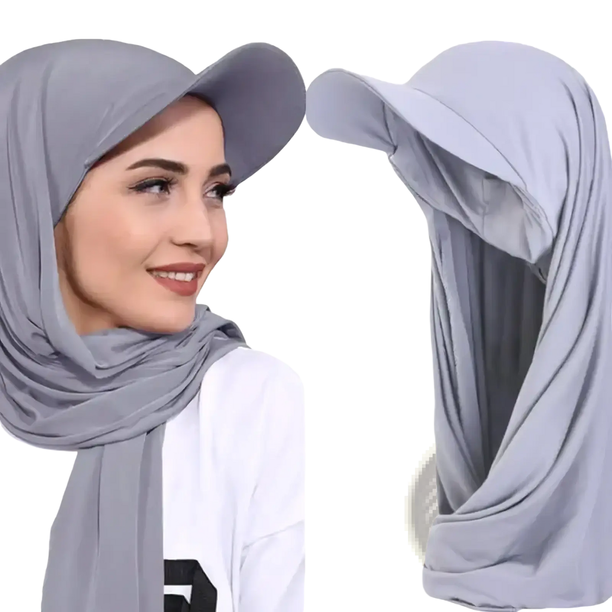 Gray chiffon baseball cap hijab instant shawl with stretchy fabric and a structured brim for comfortable wear
