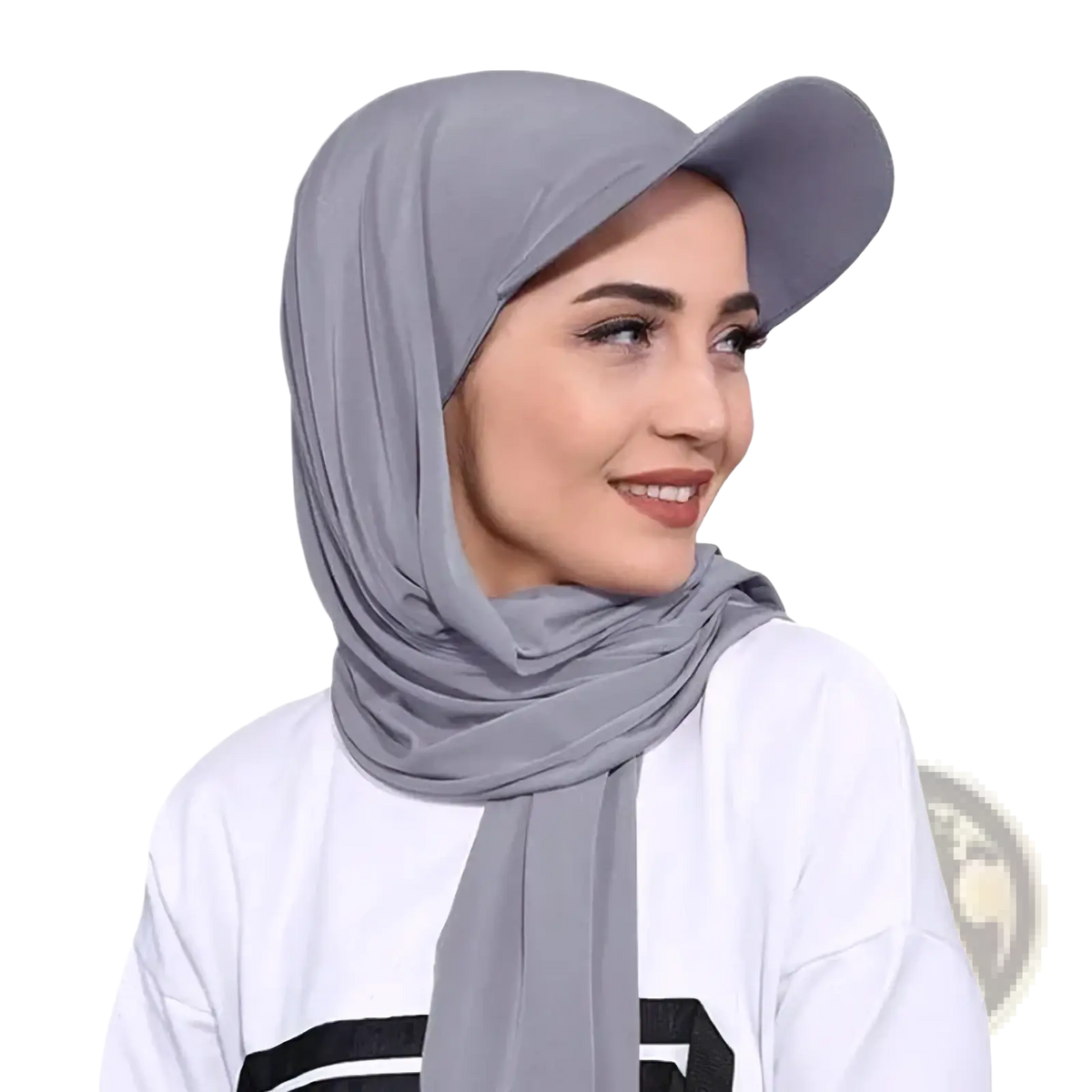Gray chiffon baseball cap hijab with stretchy fabric and cap-style brim designed as an instant shawl