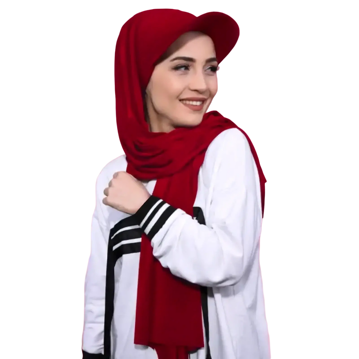 Red chiffon baseball cap hijab with soft flowing fabric and structured cap design for instant shawl wear