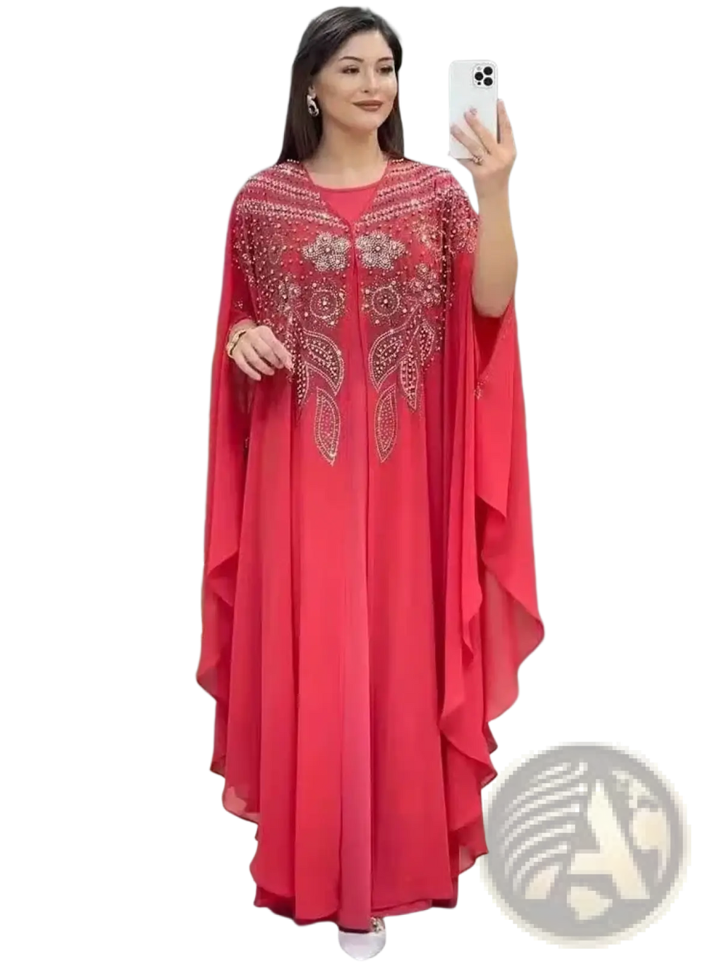 A vibrant red chiffon beaded luxury abaya dress with intricate silver embroidery along the neckline and front panels