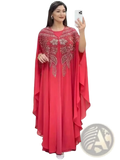 A vibrant red chiffon beaded luxury abaya dress with intricate silver embroidery along the neckline and front panels