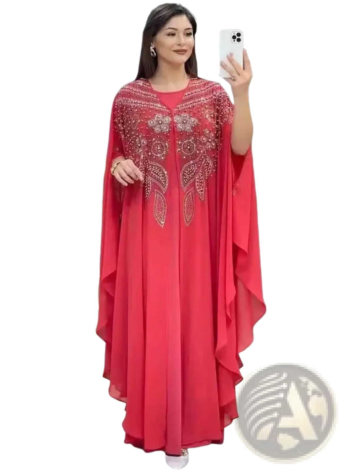 A vibrant red chiffon beaded luxury abaya dress with intricate silver embroidery along the neckline and front panels