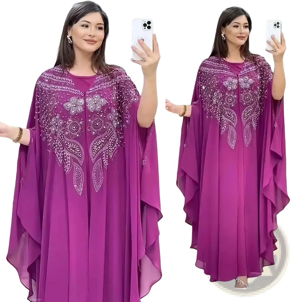 A vibrant purple chiffon beaded luxury abaya dress with intricate silver beading and flowing layered sleeves