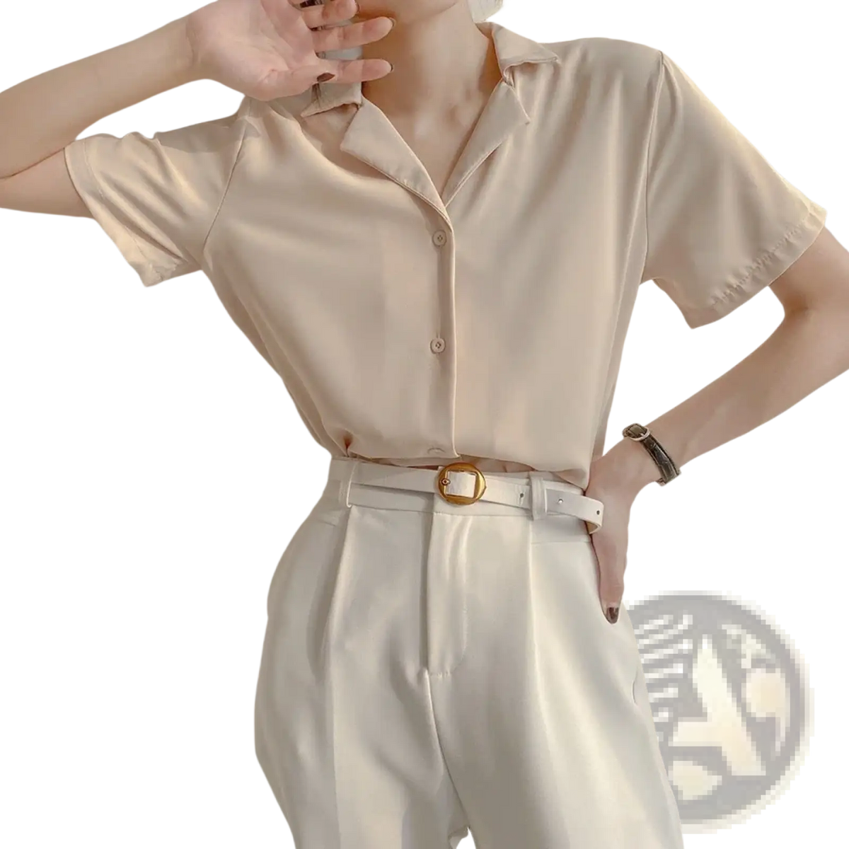 Beige chiffon blouse with short sleeves v neck and subtle sheen for summer wear