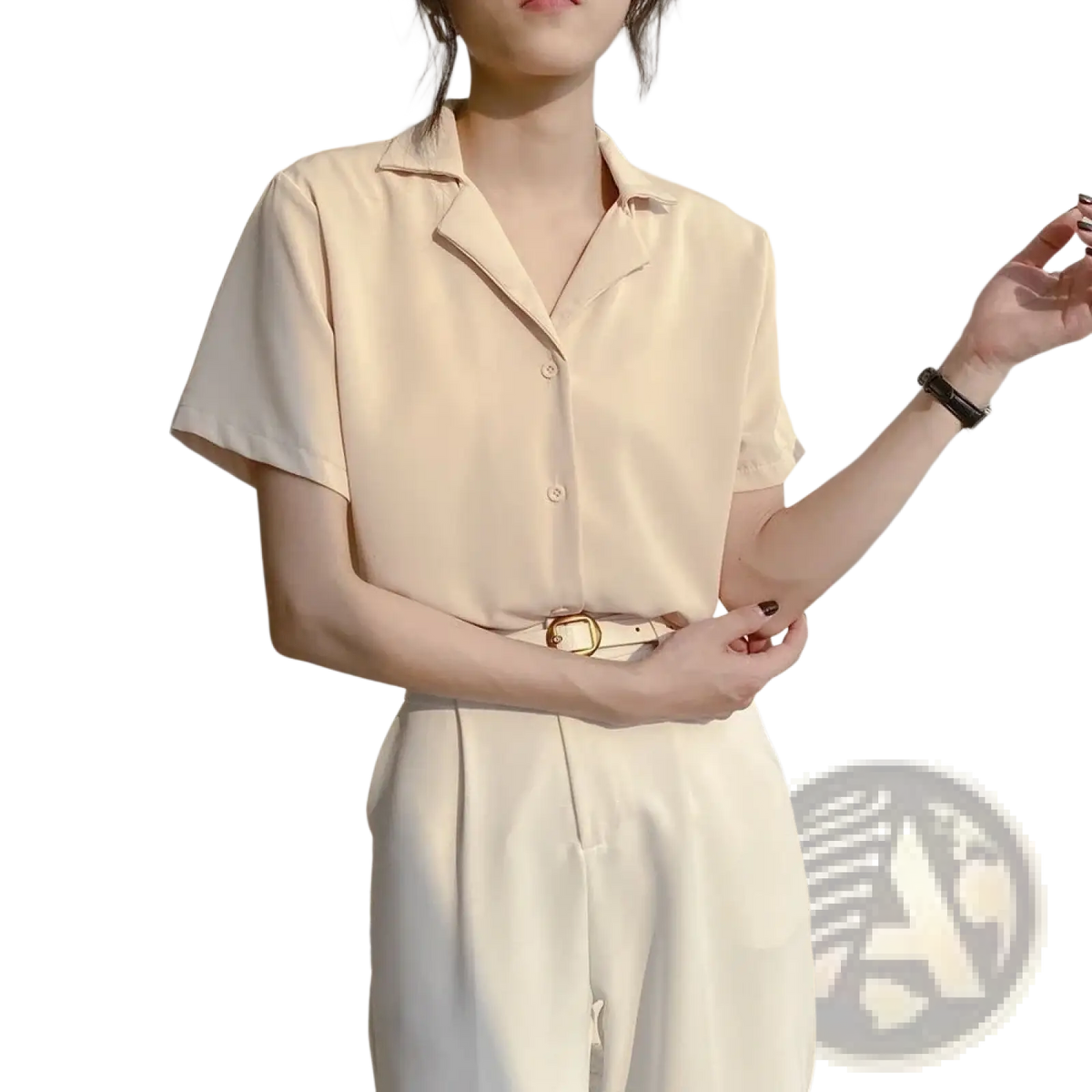 Cream-colored chiffon blouse with short sleeves v neck and subtle sheen ideal for summer wear
