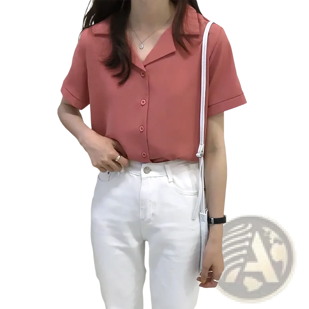 A soft pink chiffon blouse summer short sleeve v neck shirt with a collar and neatly stitched cuffs