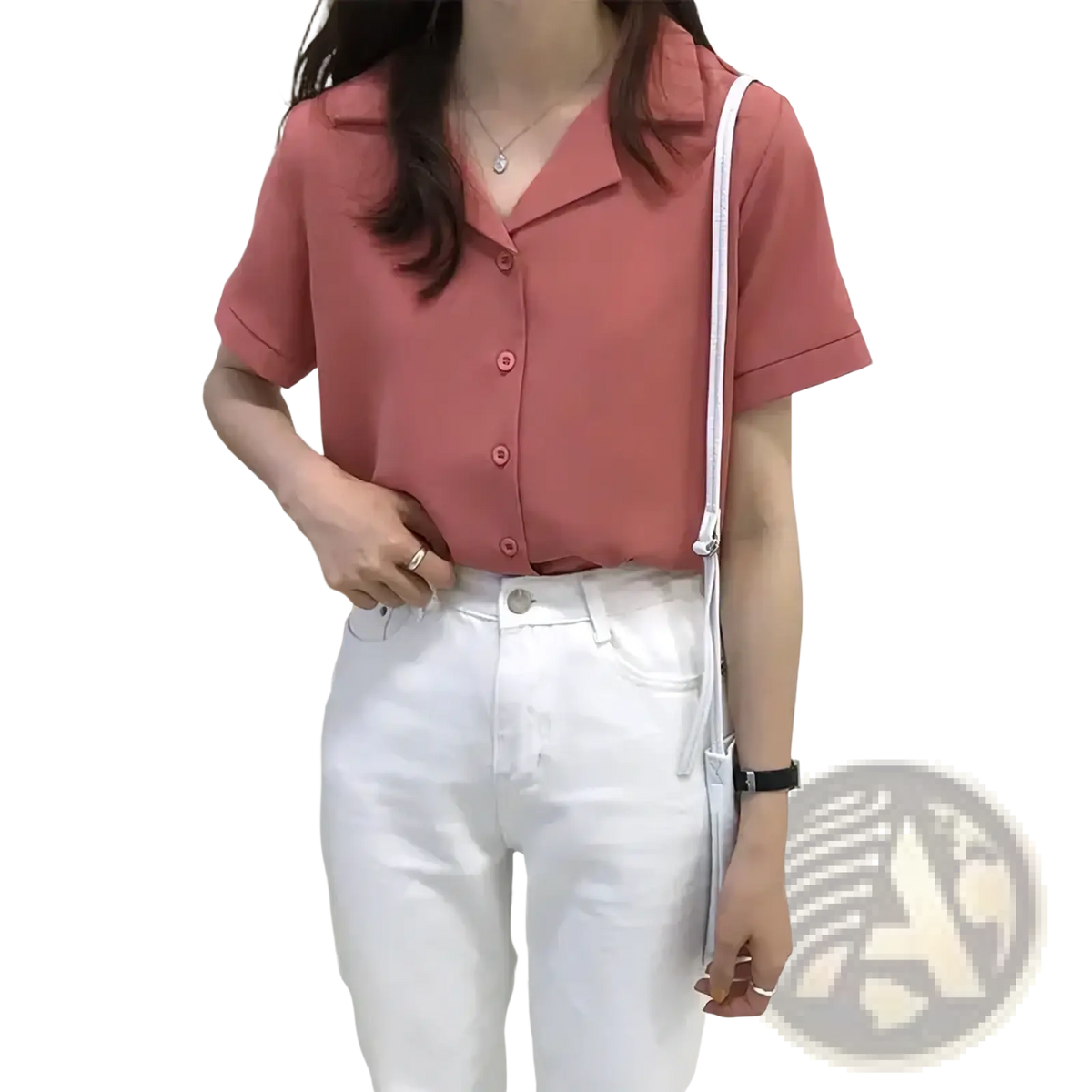 A soft pink chiffon blouse summer short sleeve v neck shirt with a collar and neatly stitched cuffs