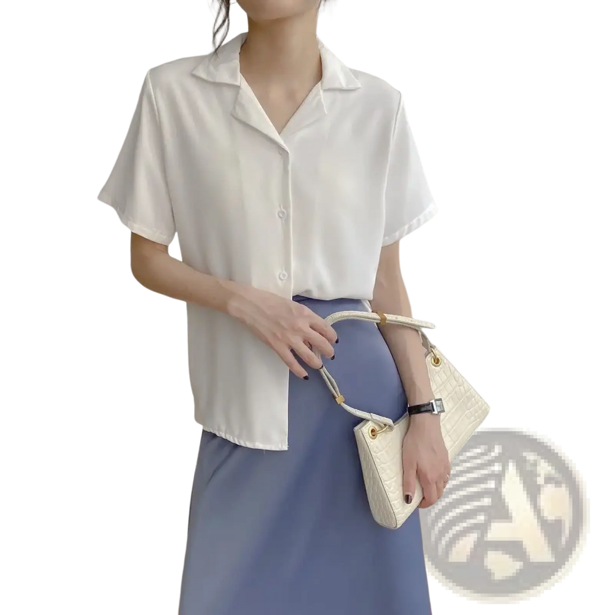 White crocodile-textured handbag with gold-tone hardware paired with chiffon blouse summer short sleeve v neck shirt