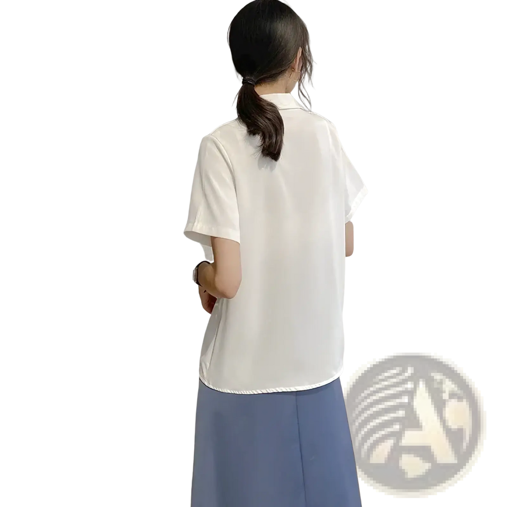 White chiffon blouse summer short sleeve v neck shirt with crisp collar and subtle hem detailing