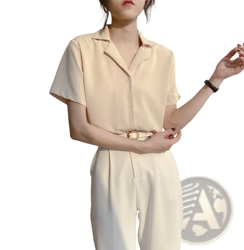 Beige chiffon blouse with short sleeves v neck collar and subtle sheen suitable for summer wear