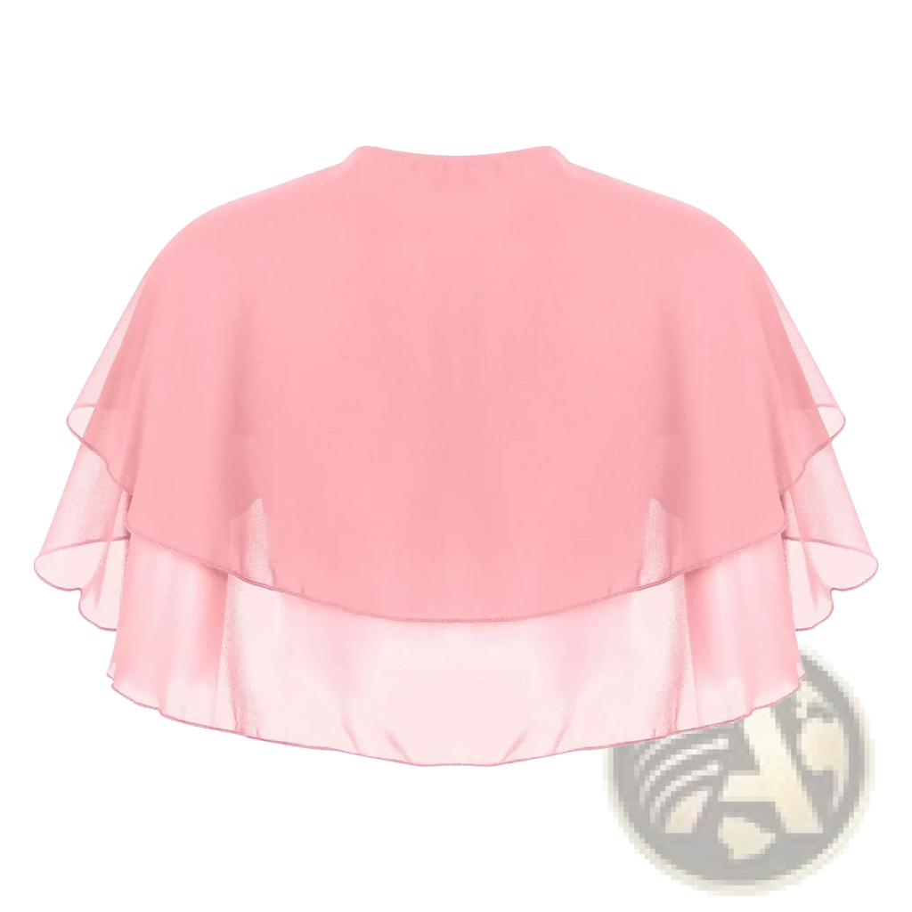 Delicate light pink chiffon bolero jacket with layered ruffles and flowing design for wedding cape visible from back side