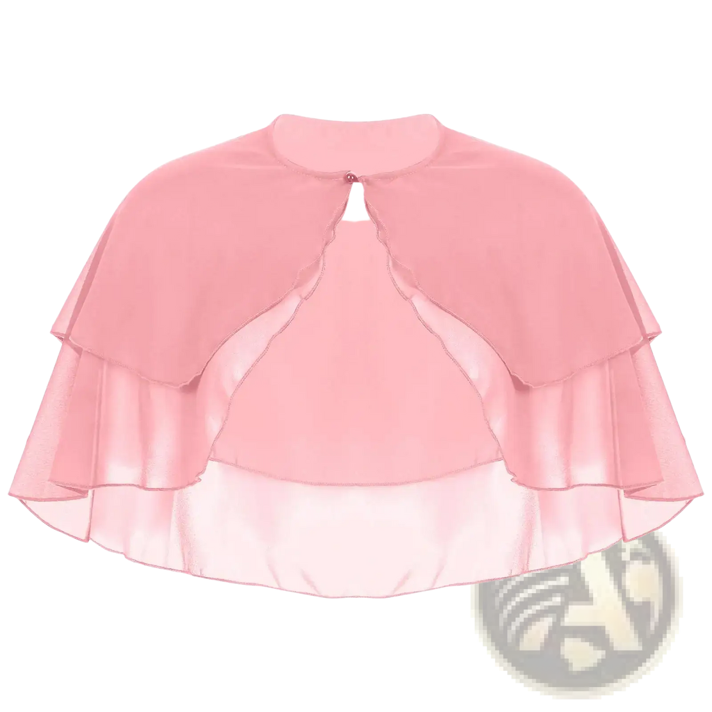 A delicate pink sheer chiffon bolero jacket with layered ruffle cape and round neckline with front button closure