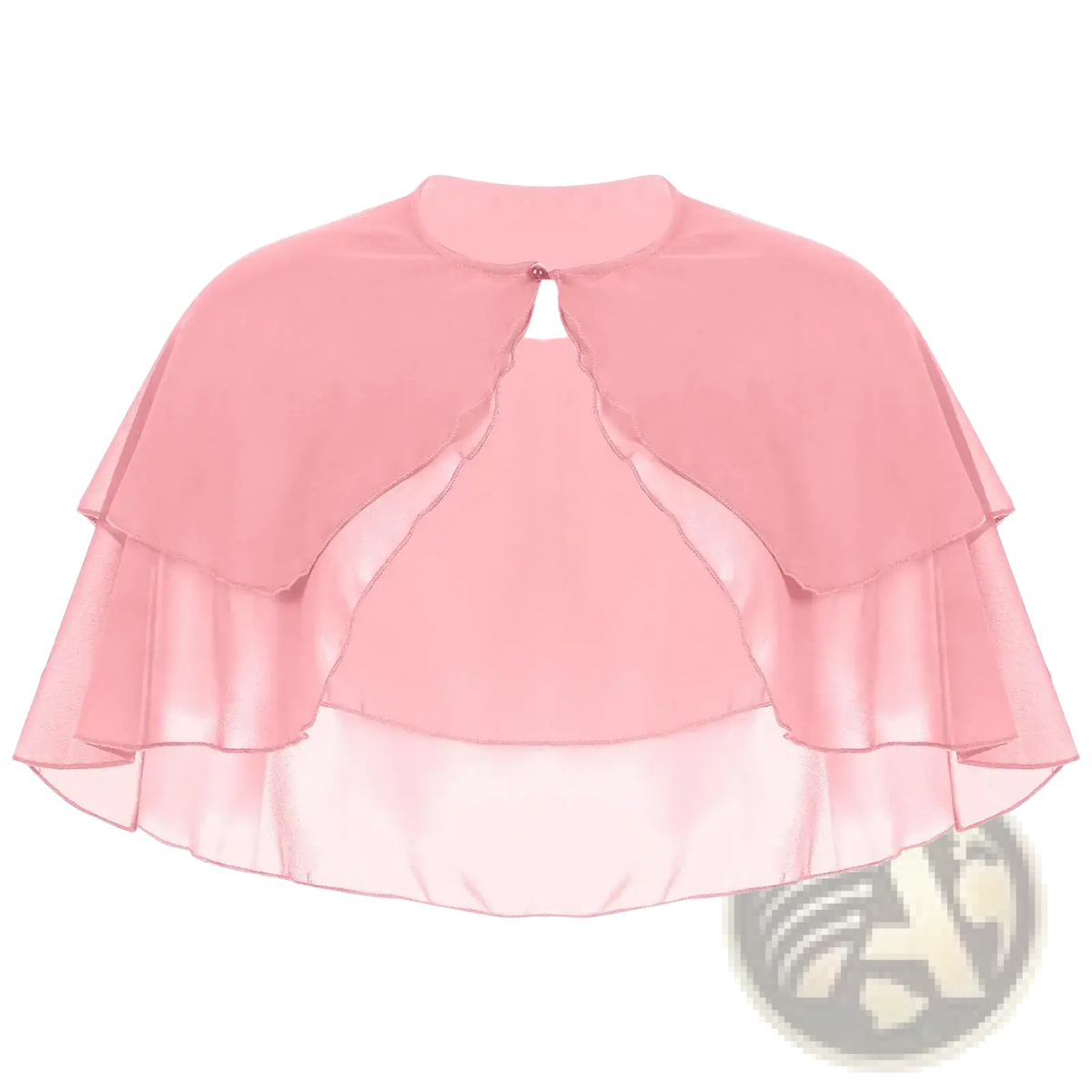 A delicate pink sheer chiffon bolero jacket with layered ruffle cape and round neckline with front button closure