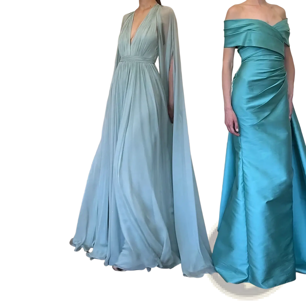 A flowing light blue chiffon cape evening dress featuring a deep v-neckline and pleated long satin maxi gown