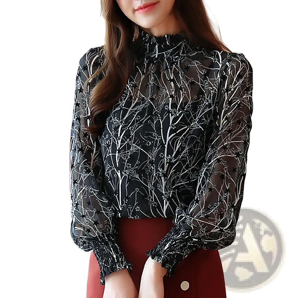 Black chiffon floral print long sleeve blouse with sheer fabric white tree and star patterns high neckline puffed sleeves