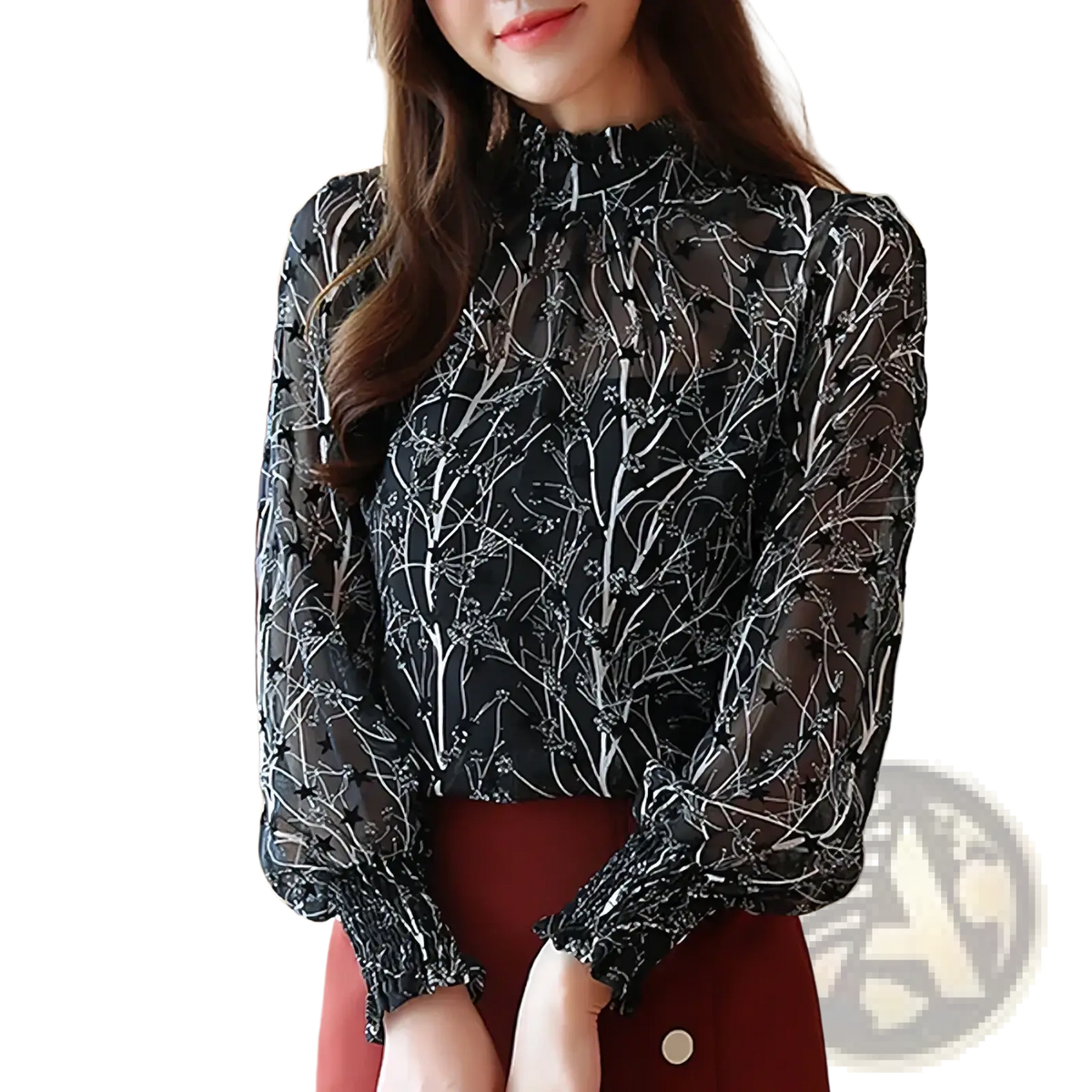Black chiffon floral print long sleeve blouse with sheer fabric white tree and star patterns high neckline puffed sleeves