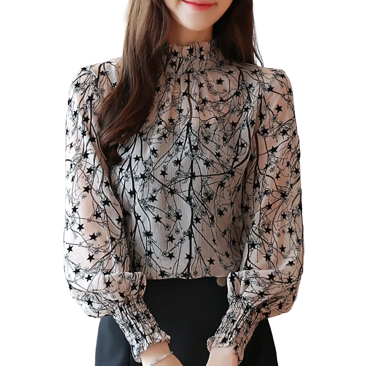 A sheer light beige chiffon blouse with black star and branch pattern long sleeves with elastic cuffs