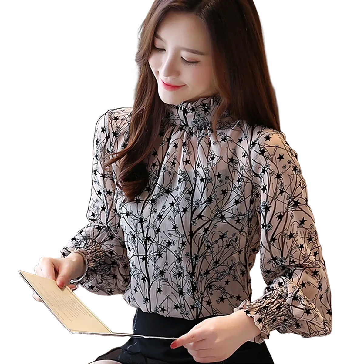 A sheer light gray chiffon floral print long sleeve blouse with a high collar and ruched sleeves featuring black stars and branches