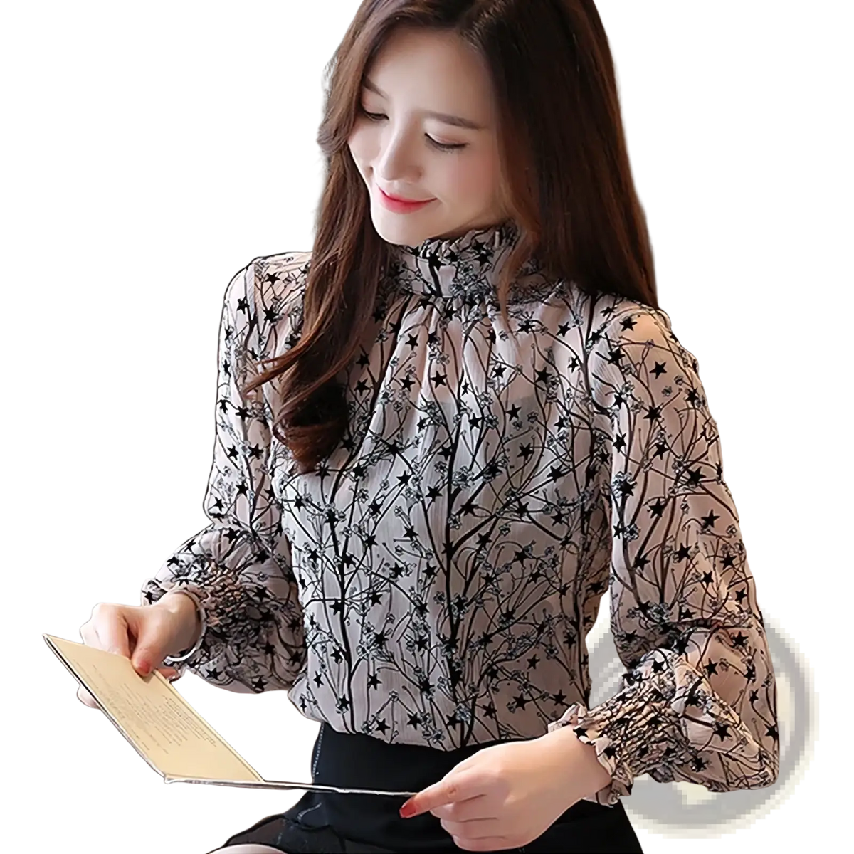 A sheer light gray chiffon floral print long sleeve blouse with a high collar and ruched sleeves featuring black stars and branches