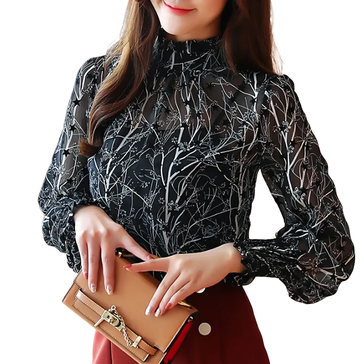 Tan leather clutch with gold-tone hardware and chain strap paired with chiffon floral print long sleeve blouse