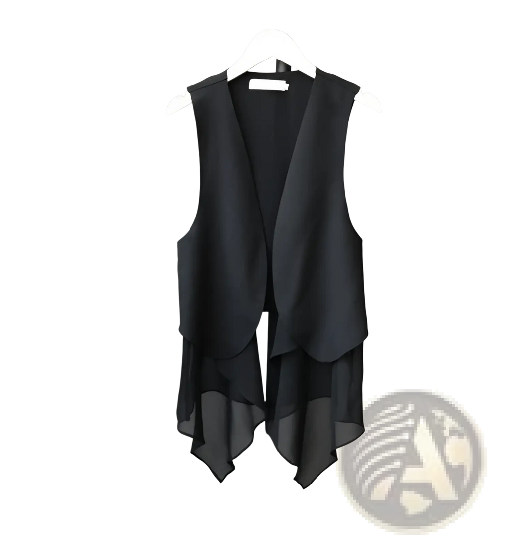 Black chiffon layered asymmetrical sleeveless vest with flowing fabric and v-neckline for elegant styling