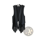 Black chiffon layered asymmetrical sleeveless vest with flowing fabric and v-neckline for elegant styling