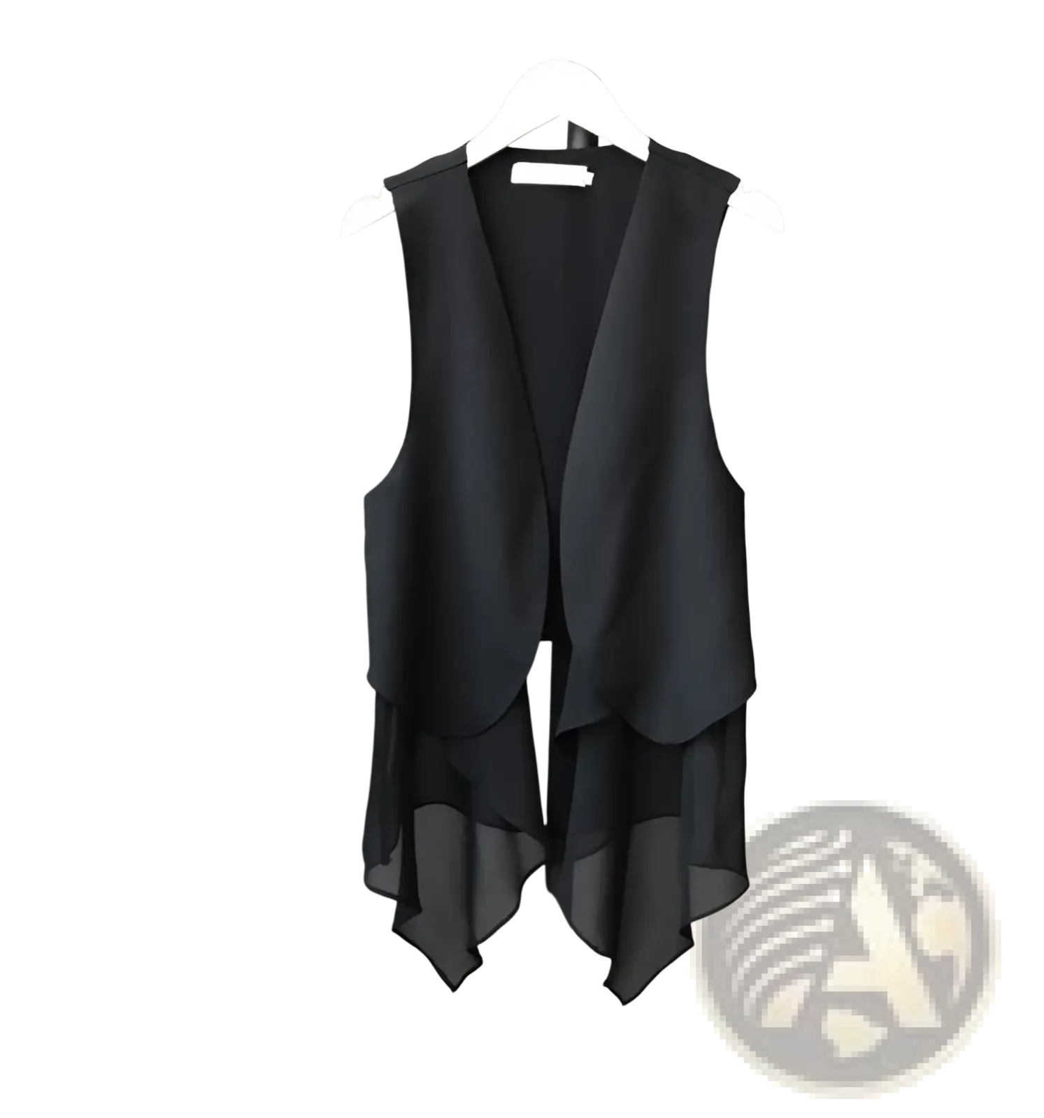 Black chiffon layered asymmetrical sleeveless vest with flowing fabric and v-neckline for elegant styling
