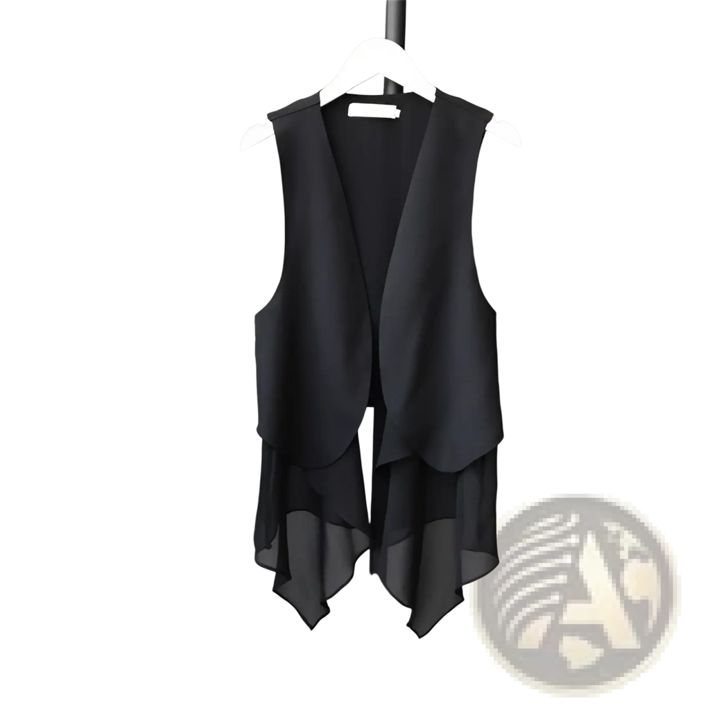 Black sheer chiffon vest with layered asymmetrical hemline showcasing elegant lightweight design
