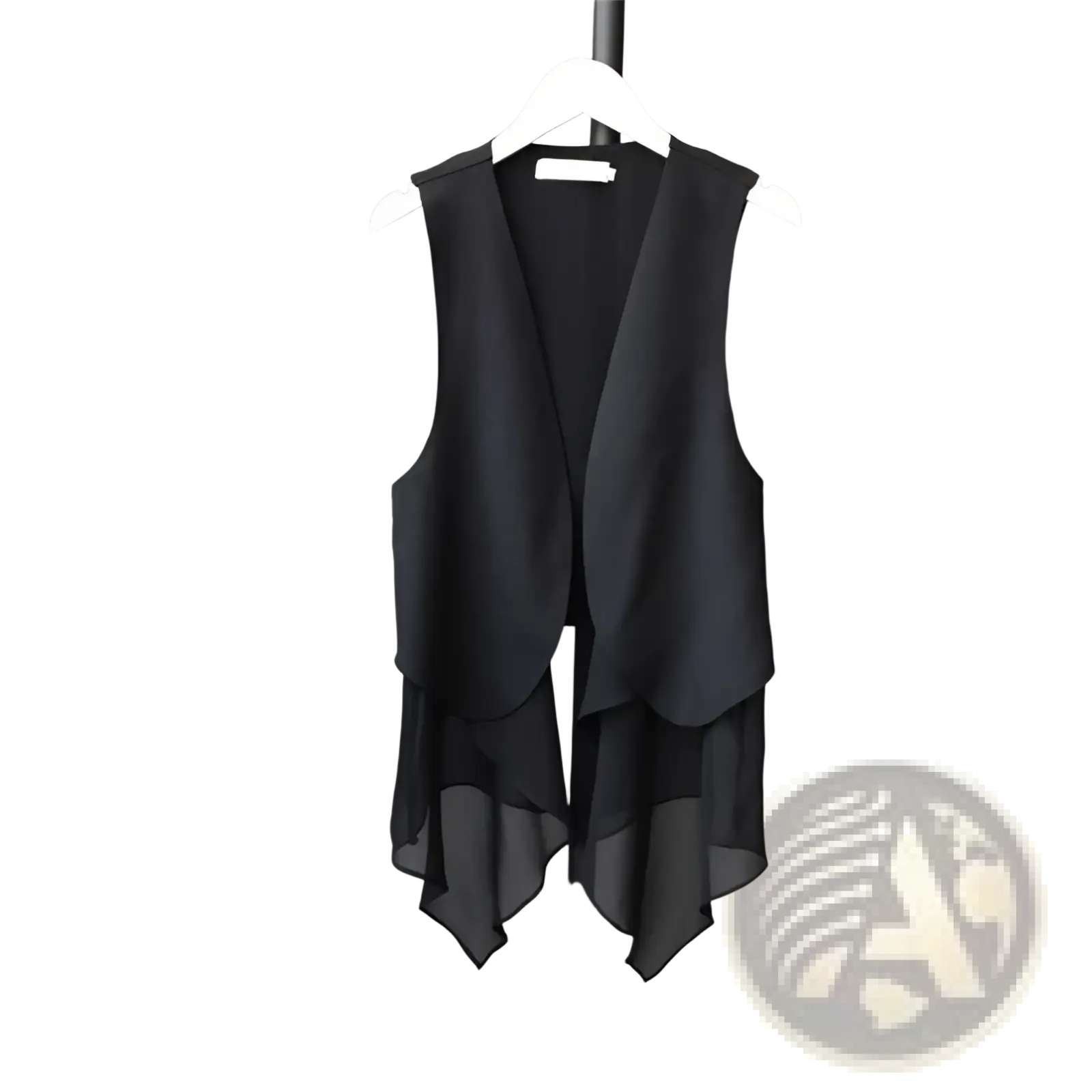 Black sheer chiffon vest with layered asymmetrical hemline showcasing elegant lightweight design