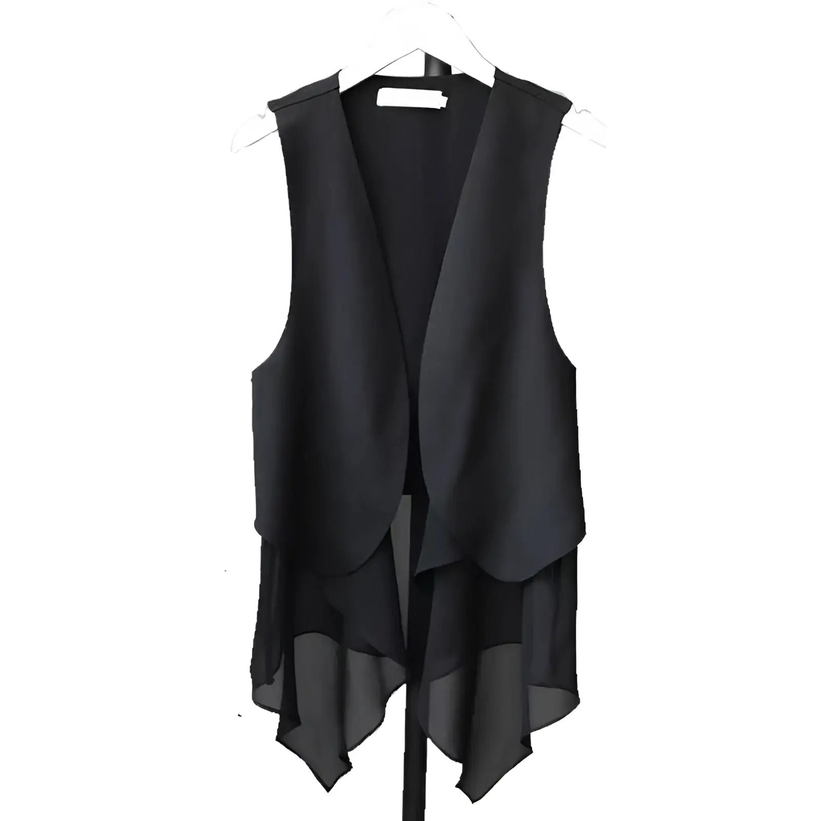Black sheer chiffon vest with a layered asymmetrical hemline showcasing lightweight elegant layering