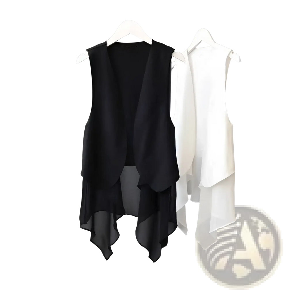 Black and white sheer chiffon layered asymmetrical vests sleeveless hanging on a rack for stylish layering