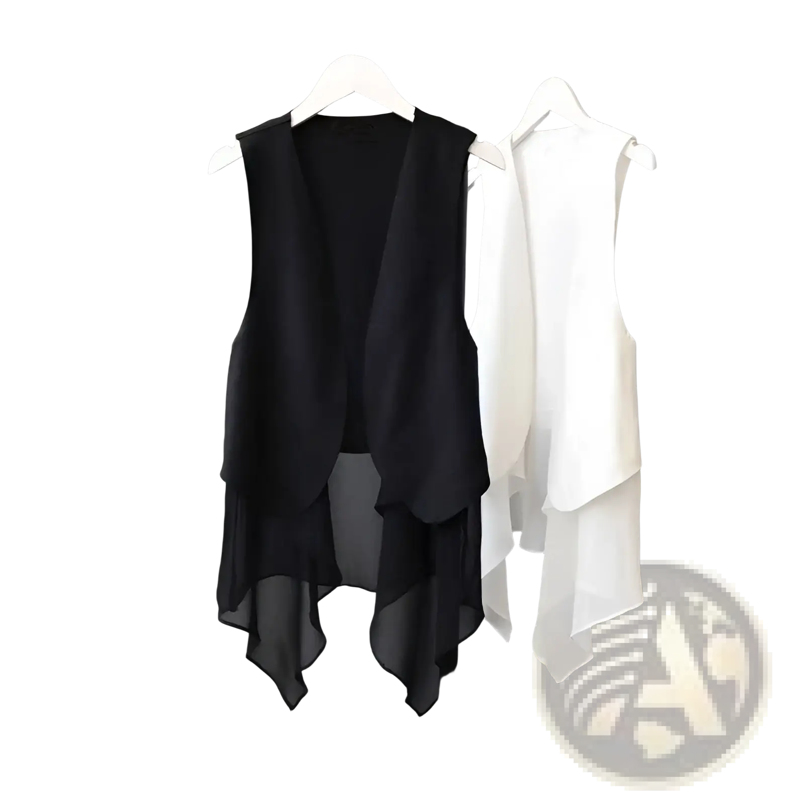 Black and white sheer chiffon layered asymmetrical vests sleeveless hanging on a rack for stylish layering