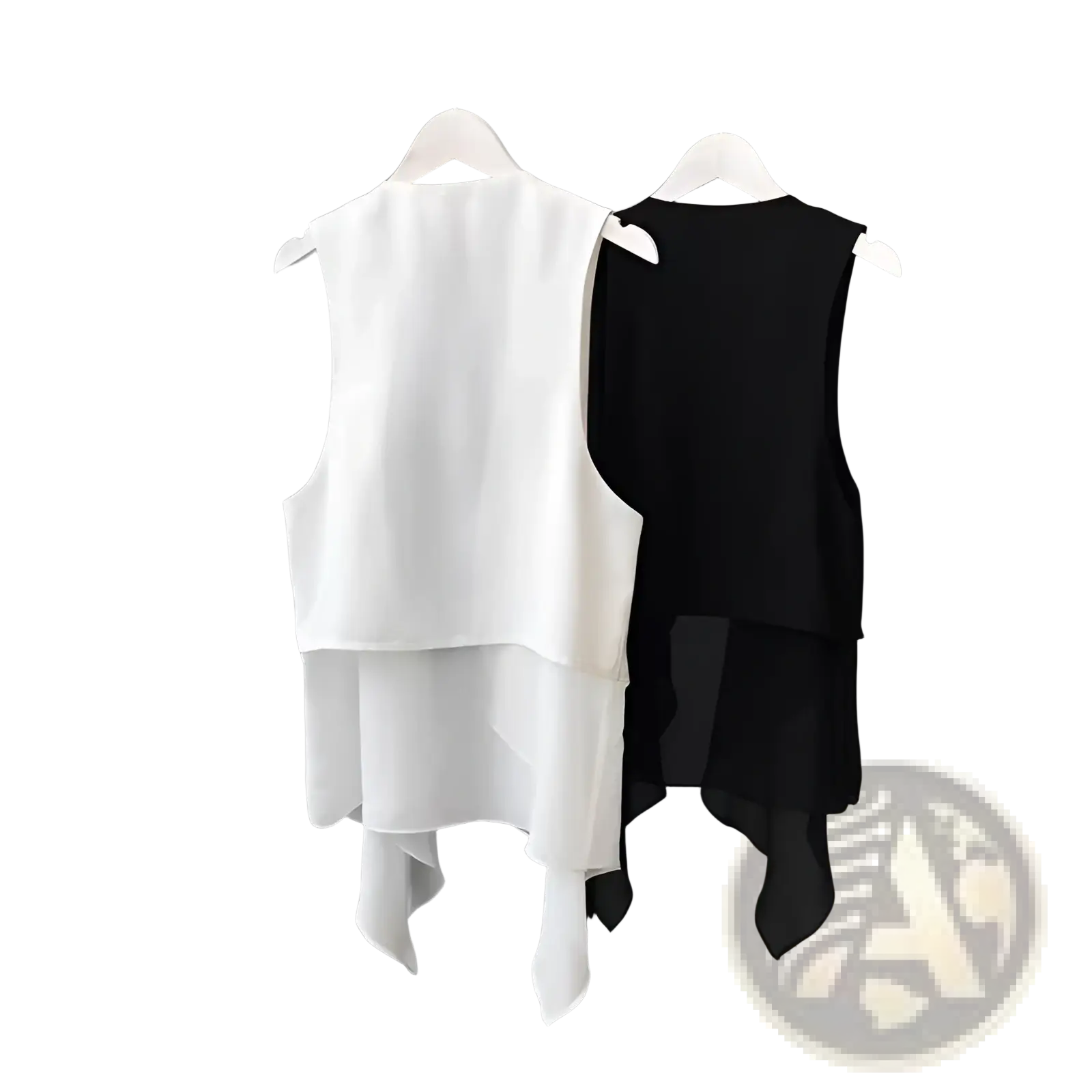 White and black chiffon layered asymmetrical sleeveless vests hanging on white hangers displayed front side