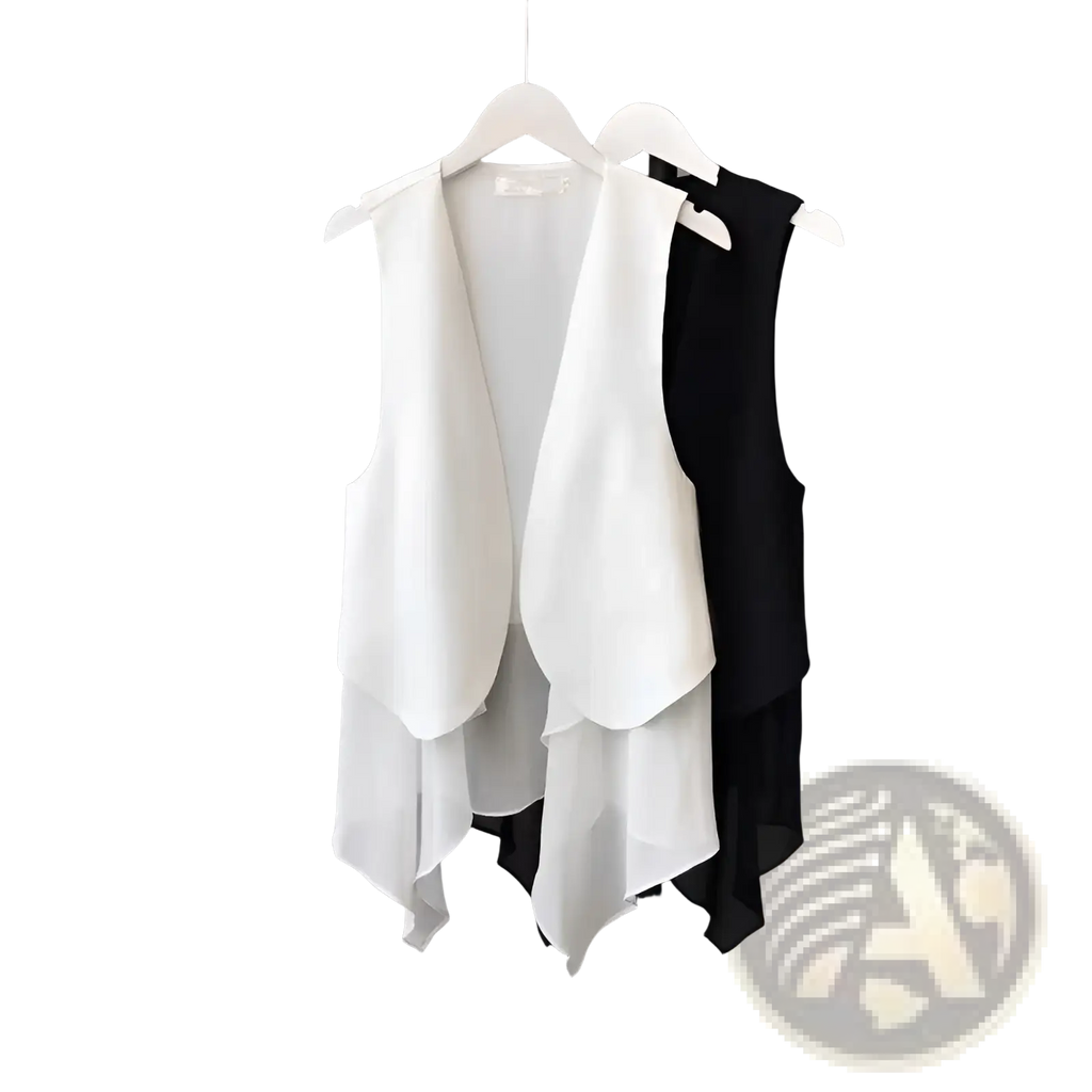 White sheer chiffon sleeveless vest featuring a layered asymmetrical hemline in a lightweight fabric design