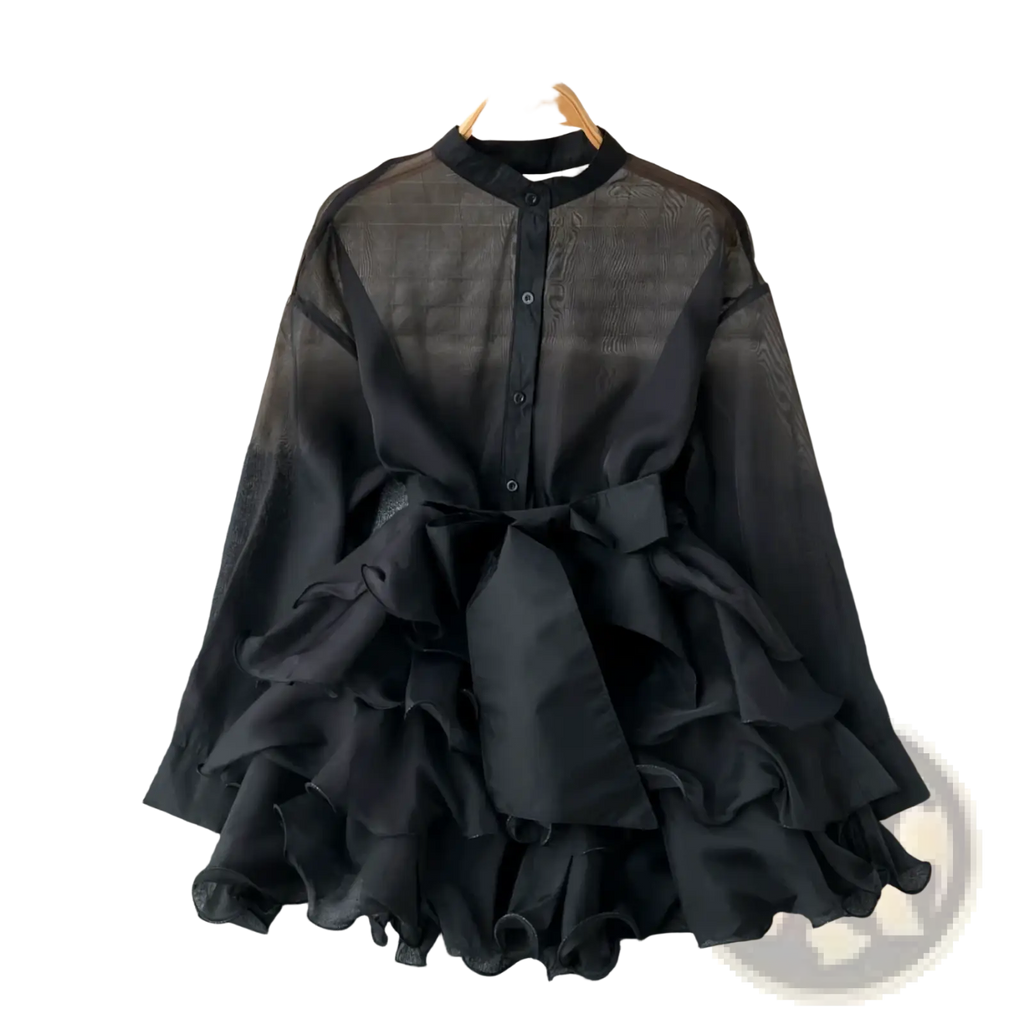 Black chiffon ruffle blouse long sleeve top with high collar button front and layered ruffle skirt