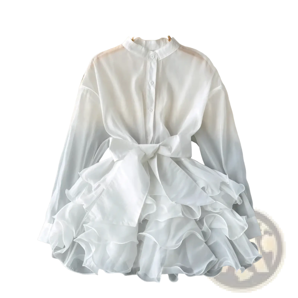 A sheer white chiffon ruffle blouse long sleeve top with high collar button-down front and layered ruffle skirt tied at waist